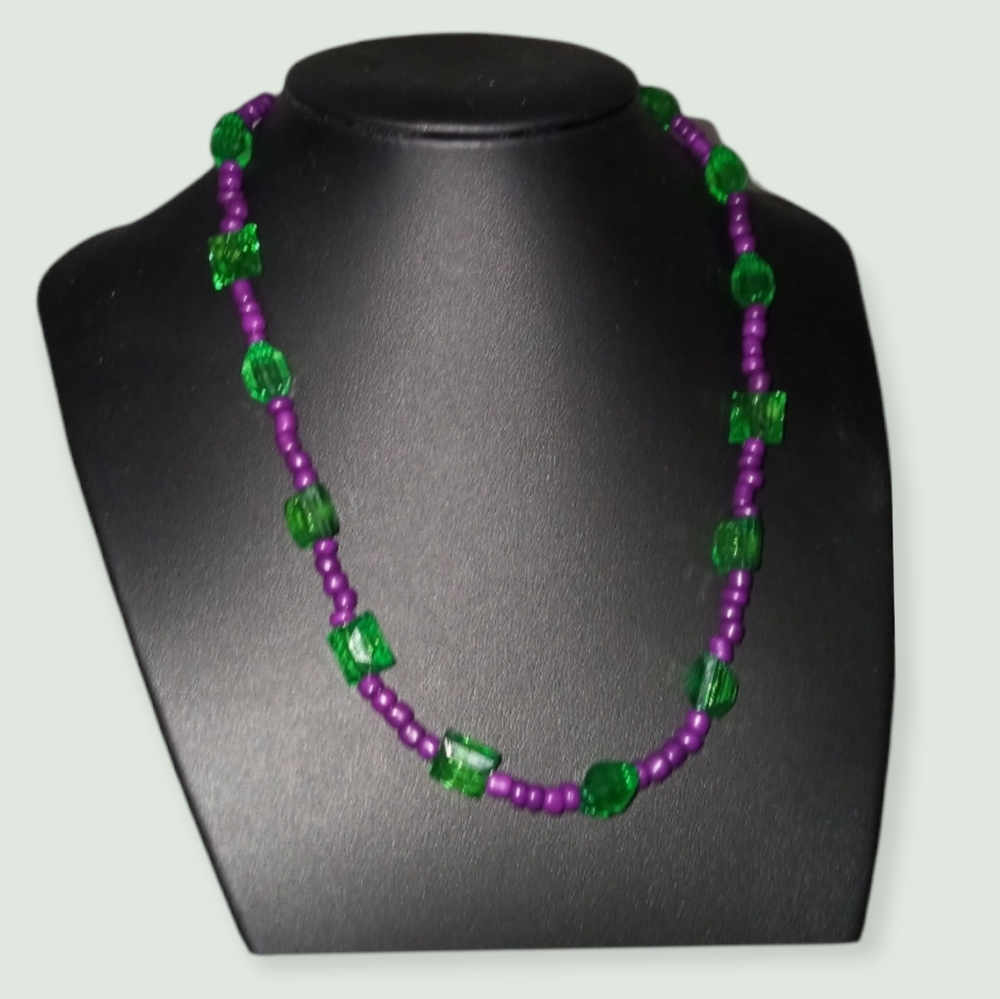 Hand Crafted Lime green crystal and purple beaded statement necklace